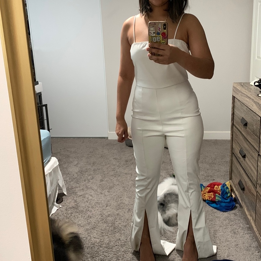 White leather Jumpsuit from PrettyLittleThing